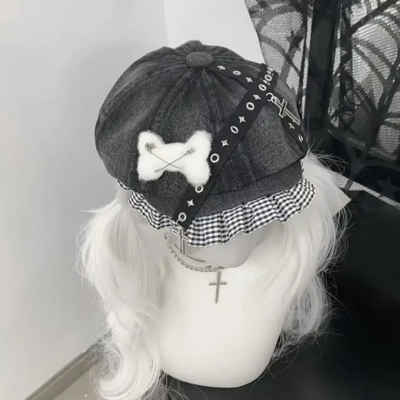 Sweet Ruffled Lace Punk Women Harajuku Gothic Lolita Beret Hat Cap Y2K Girls Plush Bone Decorative Sun Hats with Cross Pendant