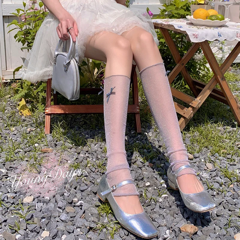 

1Pair Summer Elastic Mesh Leg Warmers for Women Girls Solid Color Lolita Bowknot Foot Cover Y2K Boots Shoes Cuffs Covers