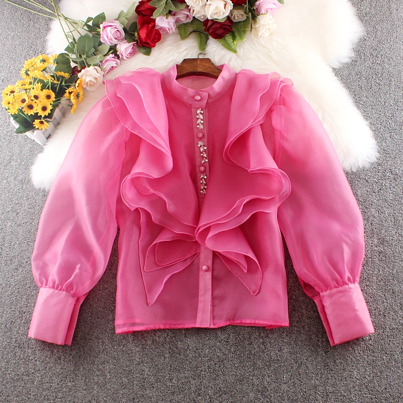 

Princess Style Long Sleeve Shirt Women's Lace Design See-through Ladylike Fairy Wind Blouse Bubble Sleeve Stand Collar Loose Fit