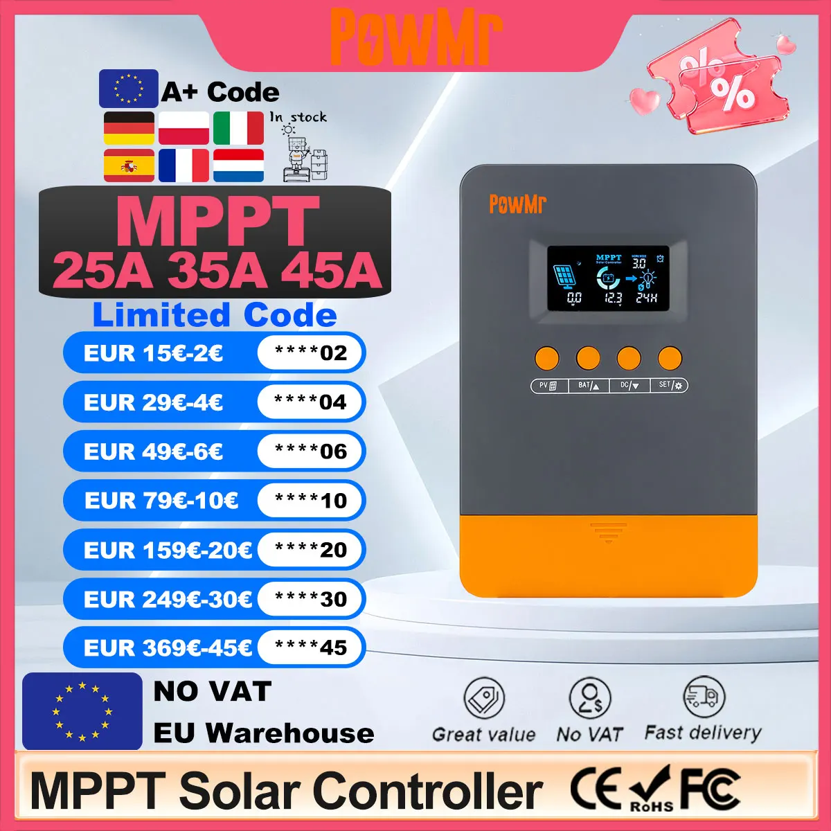 PowMr EU MPPT 45A 35A 25A  Solar Charge Controller 12V 24V Auto 100V Panel Intelligent Regulator Lead-acid/Lithium Battery Bank