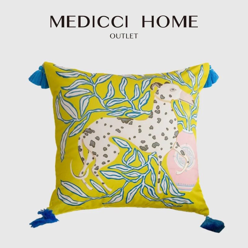 Medicci Home Yellow Cream Greyhound Dog Decorative Pillowcase Folk Art Animals Forest Illustration Velvet Cushion Cover For Sofa