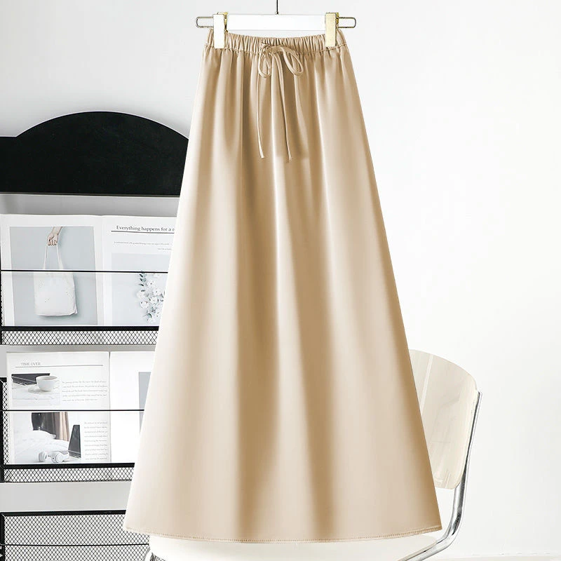 Spring Autumn Women Long Skirts Elastic High Waist Minimalist Elegant Drawstring Bow Solid A-Line Basics Dress Female Skirts