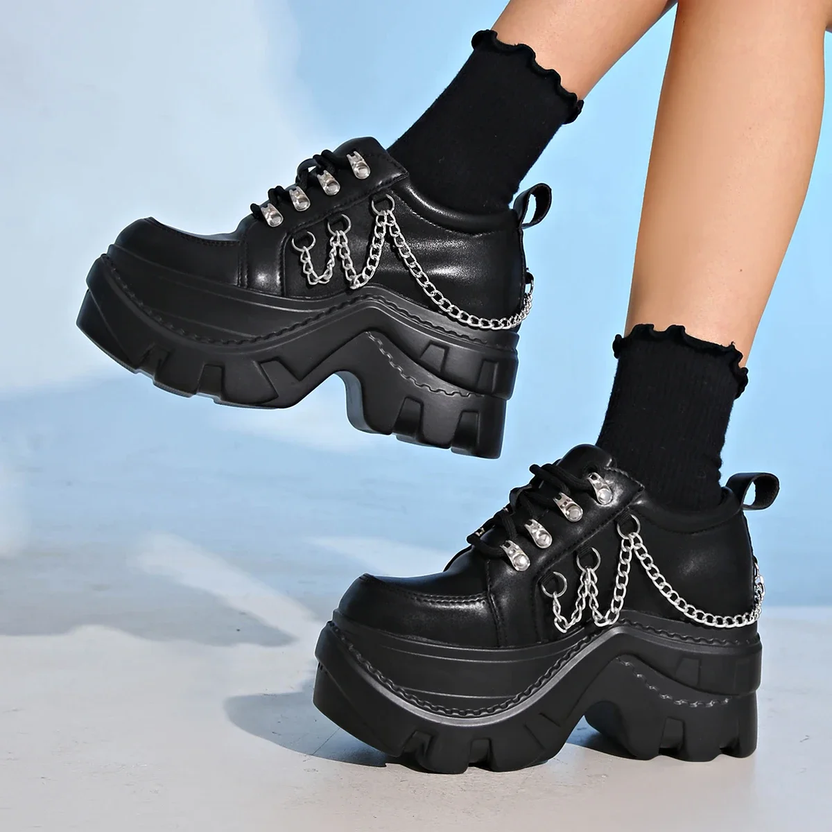 Gothic Punk Chunky Sneakers für Damen Schwarze Kettendekor-Plateauschuhe Damen Dicksohlige Rutschfeste Punk-Sneakers Übergrößen – Detail 7