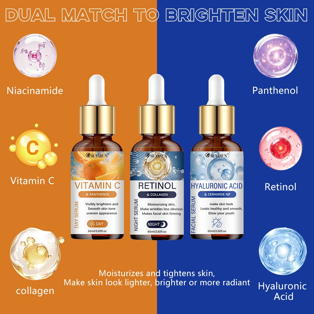 SUYARUN 3PCS helps brighten skin tone, moisturize the skin, firm the skin and deeply hydrate it and suitable for all skin types.