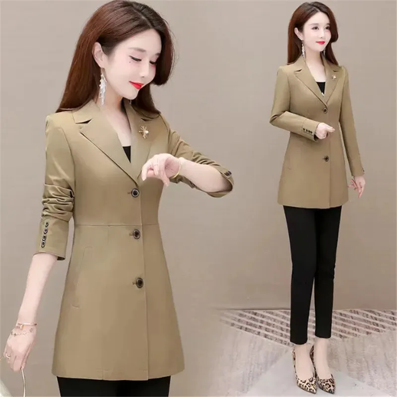 Spring Autumn Mid-Long Suit Jacket Women 2023 New Loose Blazer Vintage Coat Single-Breasted Outerwear Fashion Brooch Tops Female