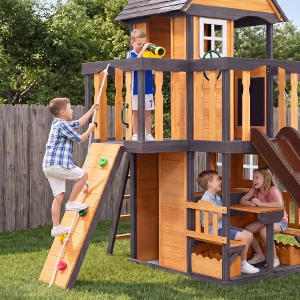 Outdoor Kids Playground Wooden Swing Set Garden Lawn Play House Natural
