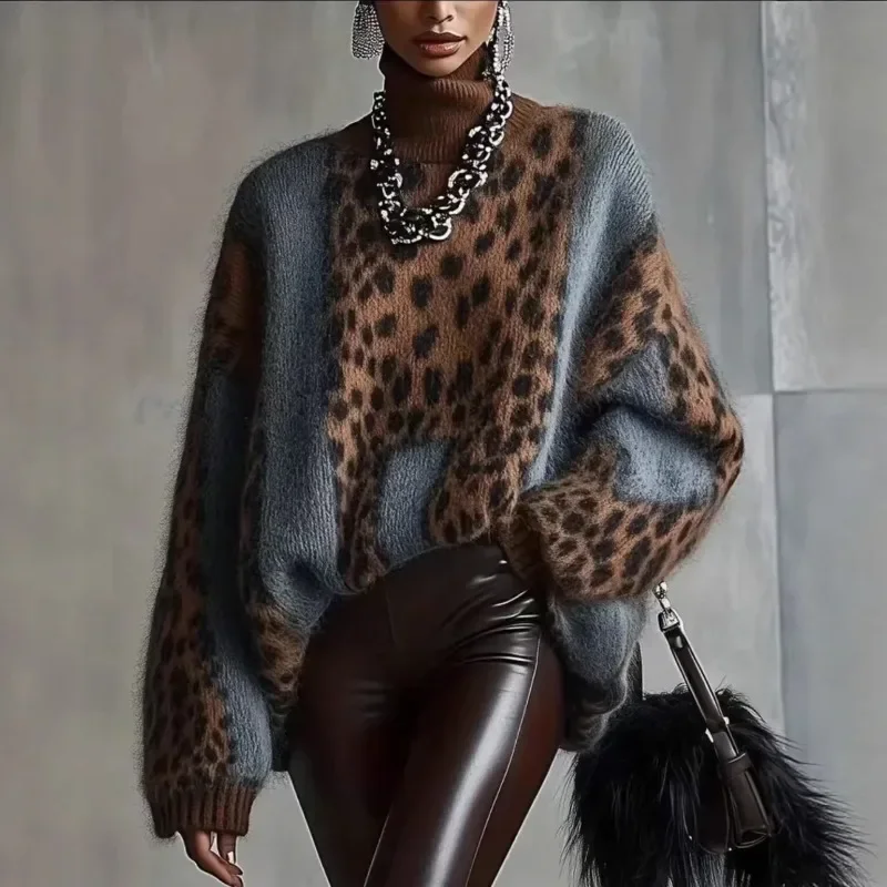 Vintage Turtleneck Leopard Print Sweater Women Thick Warm Loose Patchwork Knit Top
