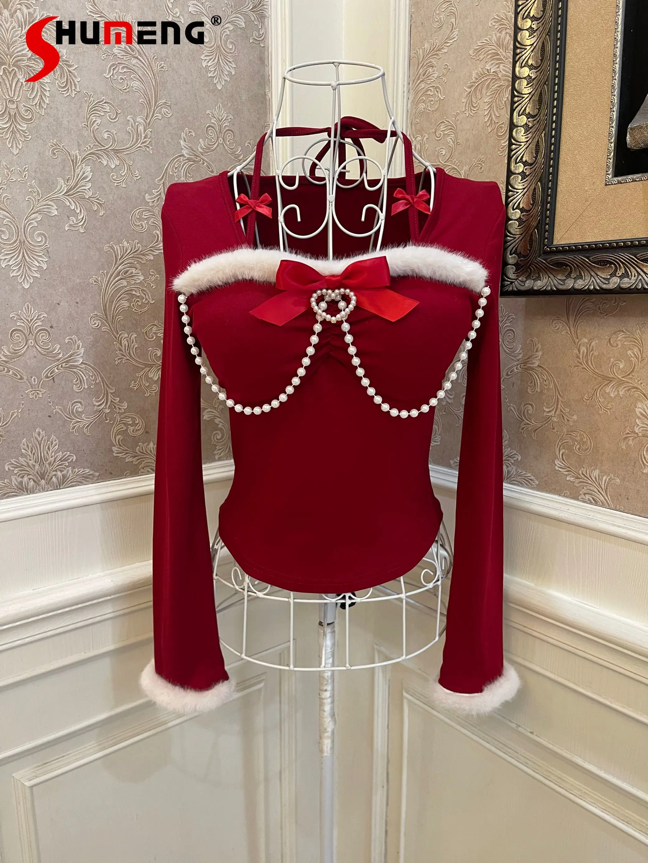 Sweet Hot Girl Heart Beaded Chain Bow Plush Fur Splicing Square Collar Halter Long Sleeve Slim Red Short T-shirts Y2k Tops Women