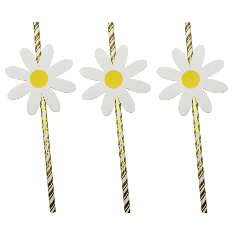 10Pcs Daisy Flower Paper Drinking Straw Kids Happy Birthday Party Decoration Engagement Wedding Baby Shower Floral Party Supplie