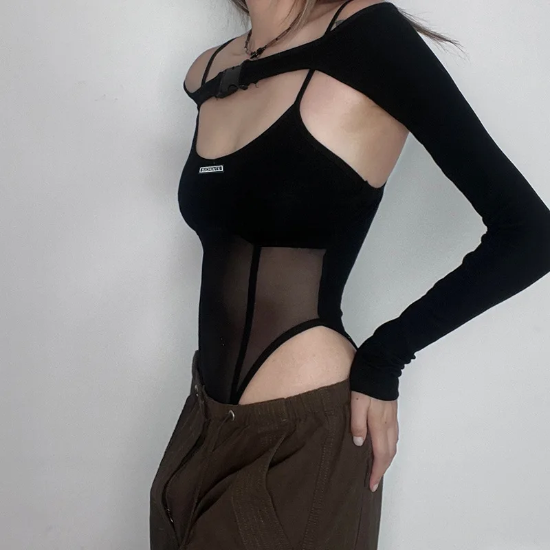 Body ajouré Sexy pour femme, maille putaissure, dos nu, manches longues, col haut, Chic, slim, Clubwear, pana