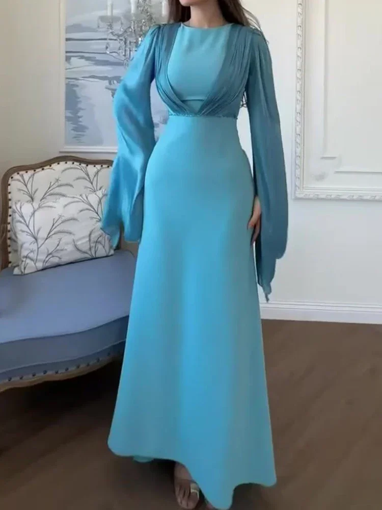 우아한 레이스업 허리 솔리드 새틴 이브닝 드레스 여성 패션 스플라이싱 드레이프 롱 드레스 캐주얼 O넥 긴팔 파티 드레스