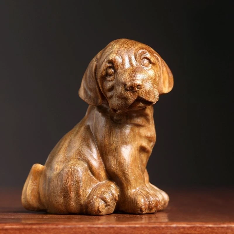 Hand Carved Wood Golden Retriever dog Statue Figurine Desktop Ornaments Home Decoration Crafts Tea Pet Decor
