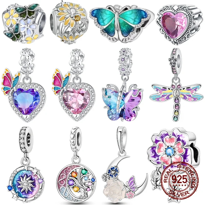 

2024 Fashion 925 Sterling Silver Spring Colorful Butterfly Flowers Charms Beads Fit Pandora Original Bracelets Fine DIY Jewelry