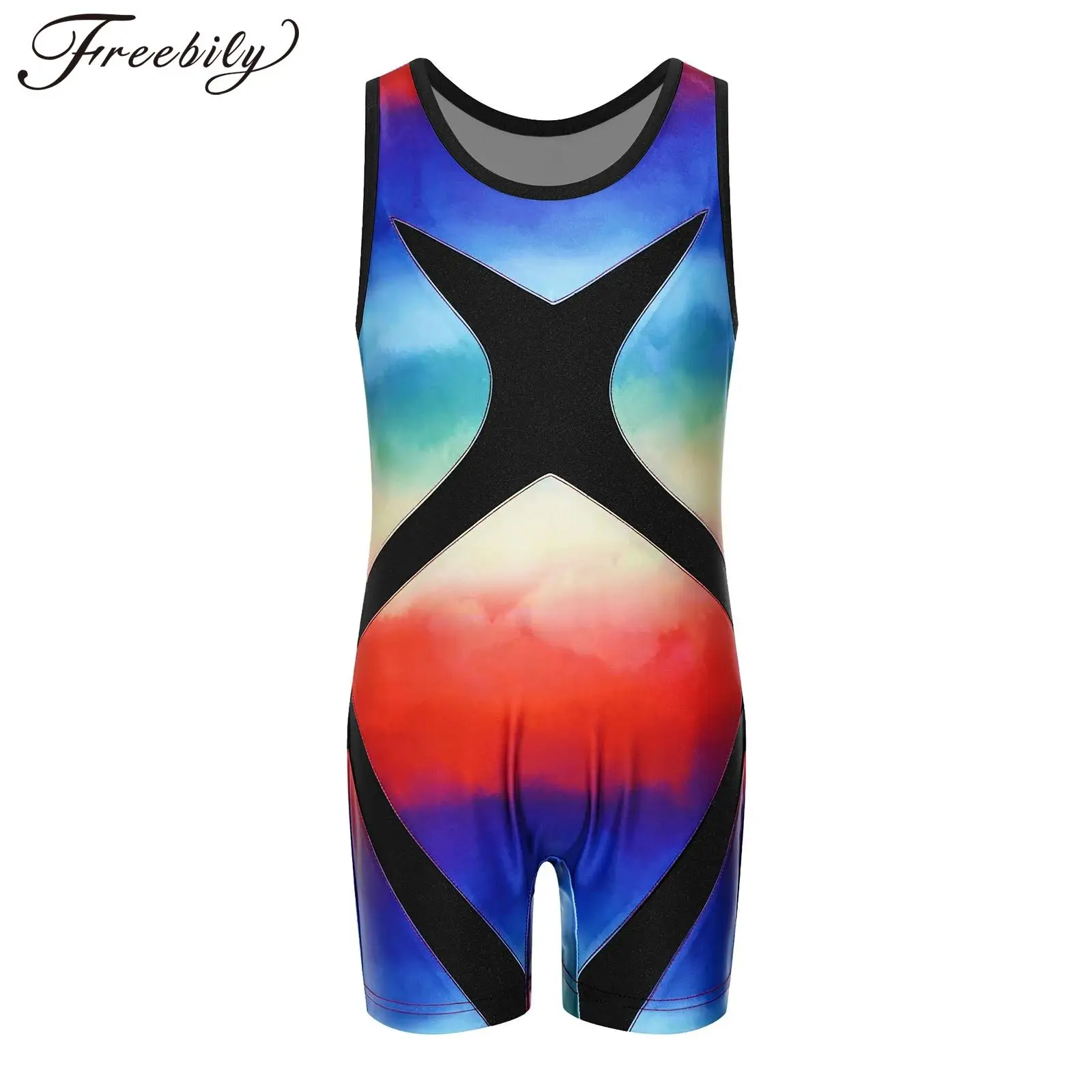 

Kids Girls Sleeveless Wrestling Singlet Jumpsuit Rompers Stylish Print Gymnastics Leotard Color Block Sports Bodysuit