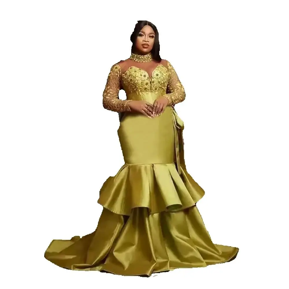 Unique Designer Gold Mermaid Prom Dresses Customized High Neck Crystals Beaded Evening Gowns Formal Party Black Girls Clothing