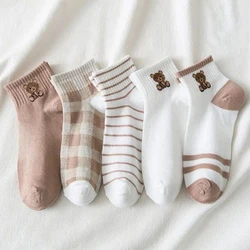 5 Pairs Teddy Bear Women Ankle Socks Trendy Versatile Comfortable Cute Round Neck Short Socks Soft Breathable Casual Socks