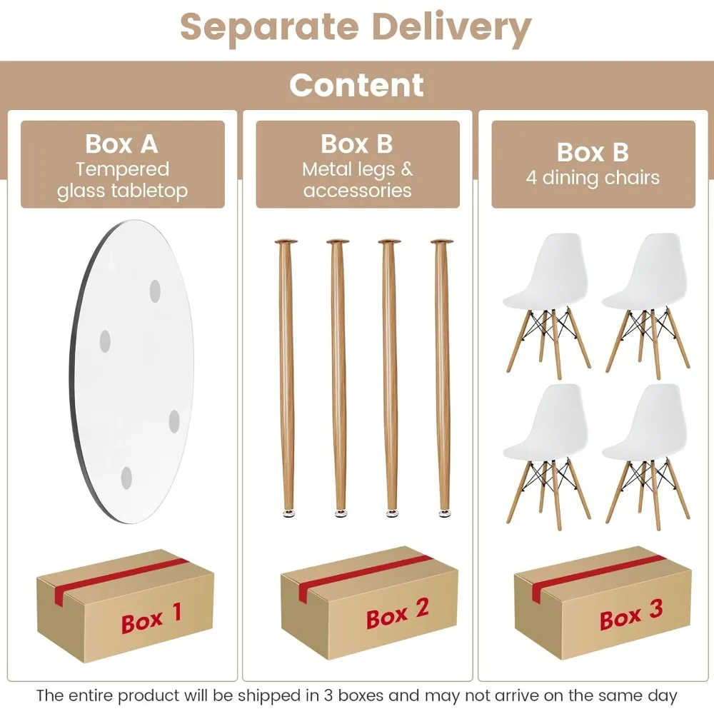 5-Piece Dining Table Set for 4, Kitchen Table Set with Seat, Solid Wood Legs, Metal Frames & Tempered Glass Tabletop, R