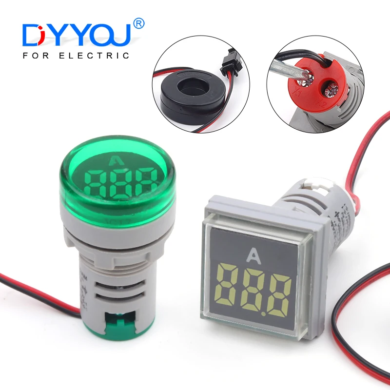 22MM 0-100A Digital Ammeter Round Square Current Indicator Tester Meter Panel Led Lamp Digital Display AC50-500V Free shipping