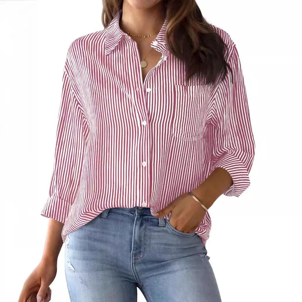 Summer 2024 Trend Women Button Down Shirt Striped Long Sleeve Top V Neck Office Work Blouses With Pocket Fashion Elegant Clothes