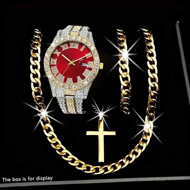 4 قطعة/المجموعة الفاخرة الماس الرجال كوارتز ساعة الفولاذ المقاوم للصدأ الفرقة التقويم ساعة اليد قلادة سوار طقم مجوهرات (بدون صندوق)