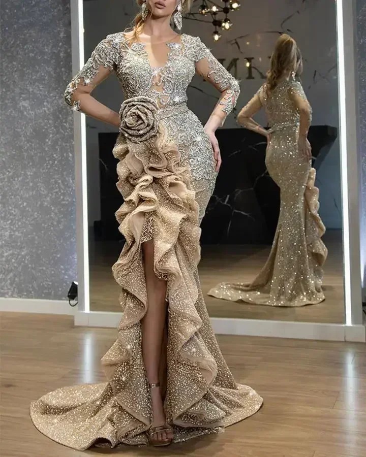 Sexy Gold Bling Night Even Banquet Dress Long Sleeve Lace Pleat Woman Elegant Sequin Prom Evening Party Dresses for Women