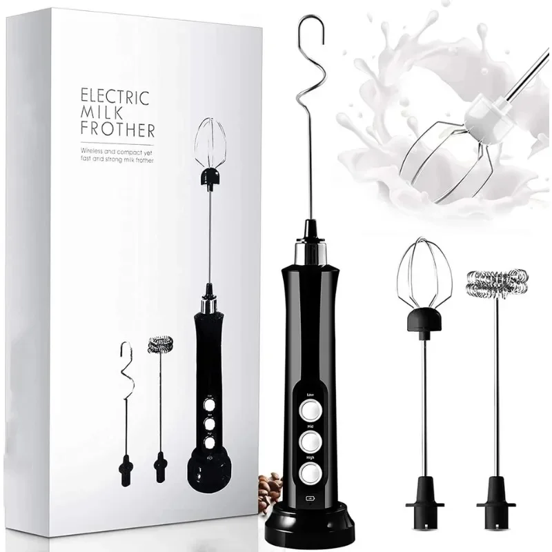 3 in 1 Rechargeable Milk Frother Handheld 3 Speed Adjustable Electric Whisk Foam Maker Portable Automatic Egg Beater Household