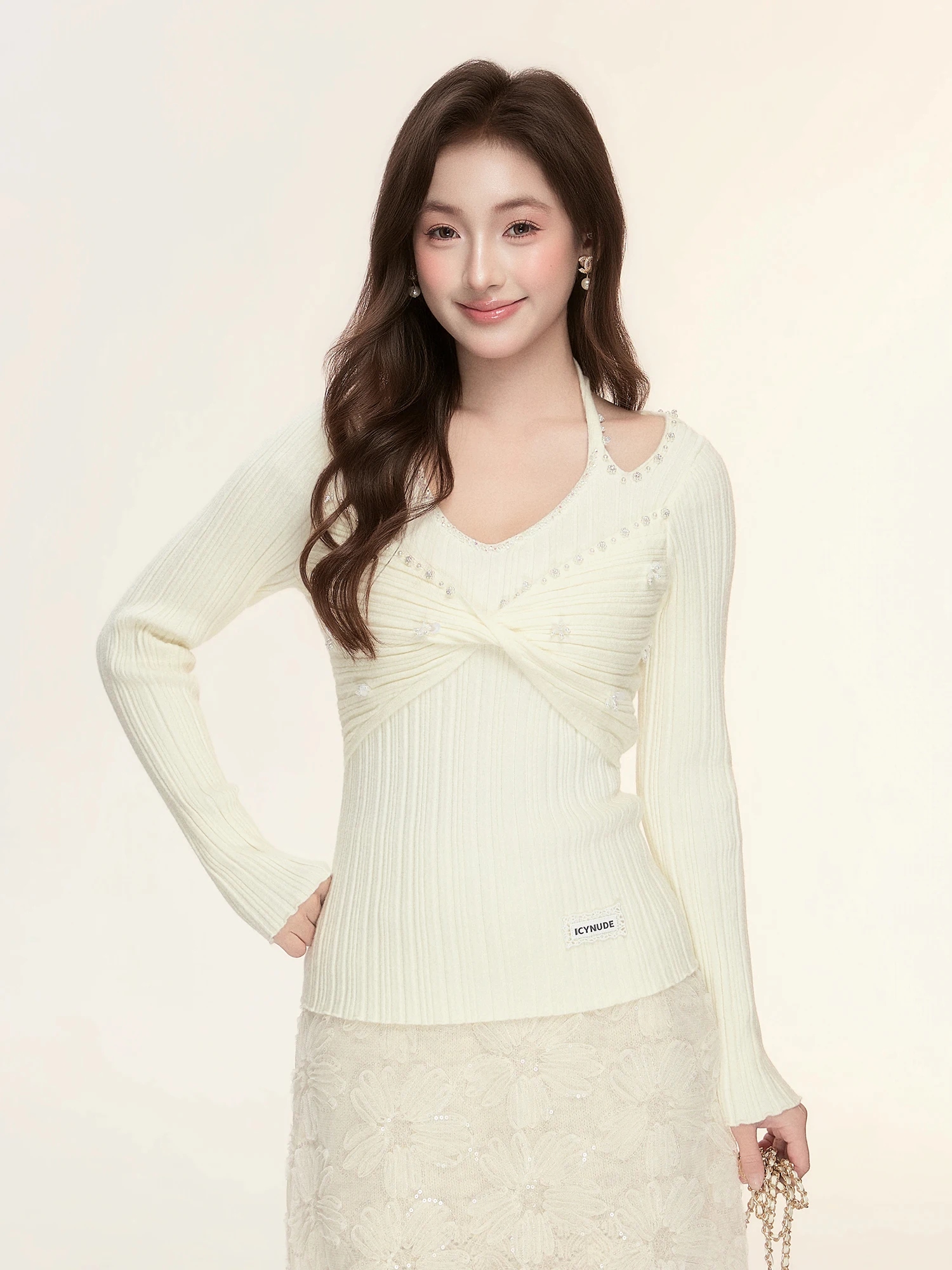 

IcyNude Women's Slim Fit Long Sve Knitted Base irt Cross Knot Design Faionable Casual Sle Acrylic Viscose Nylon Blend