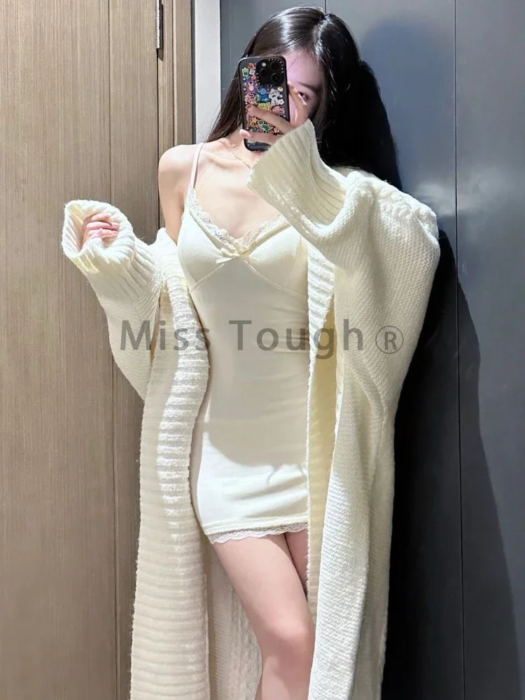 Autumn Winter Knitting Solid Long Sleeve Coat Women Vintage Chic Lapel Loose Long Cardigan Female Design Casual Warm Sweater New