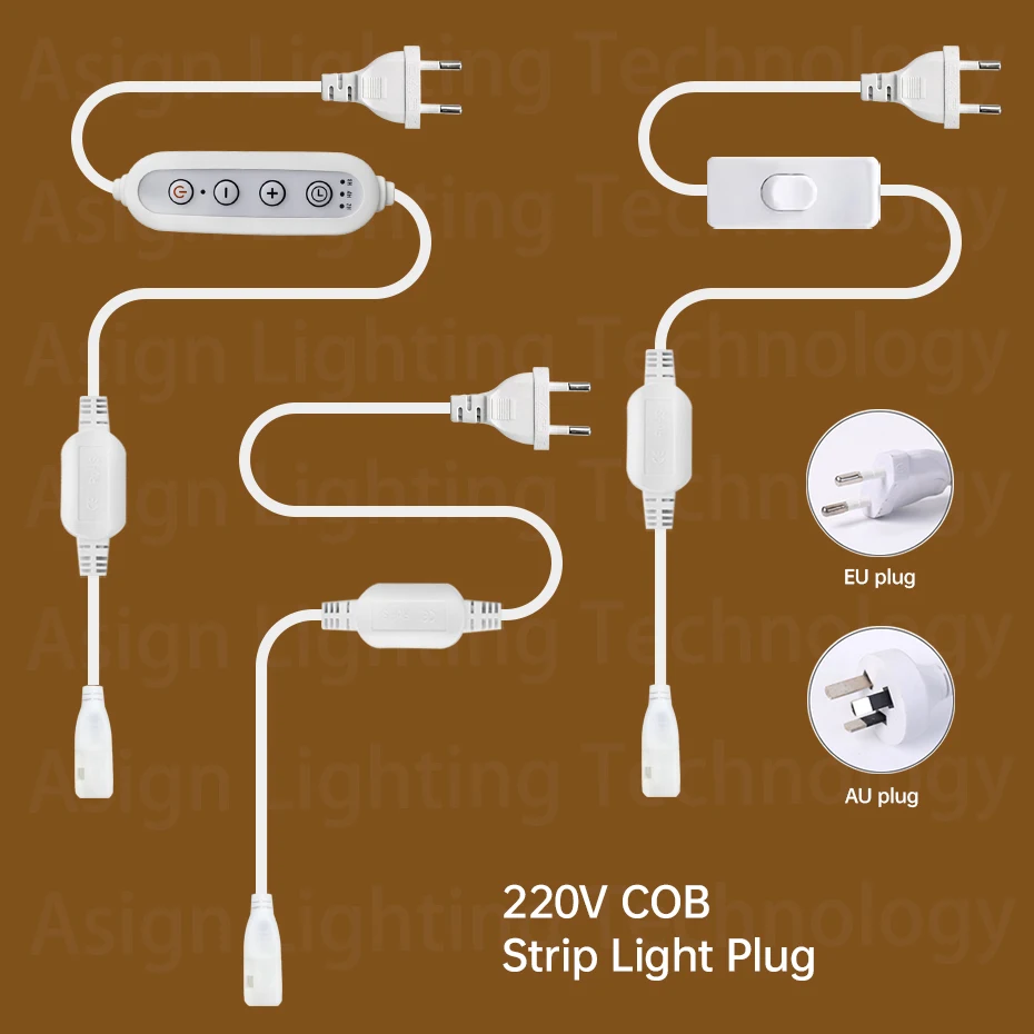 Conector de Alimentação 220V para Fita COB com Interruptor/Dimmer EU/AU para Luz Neon COB de 10mm de Largura e 288 LEDs/m