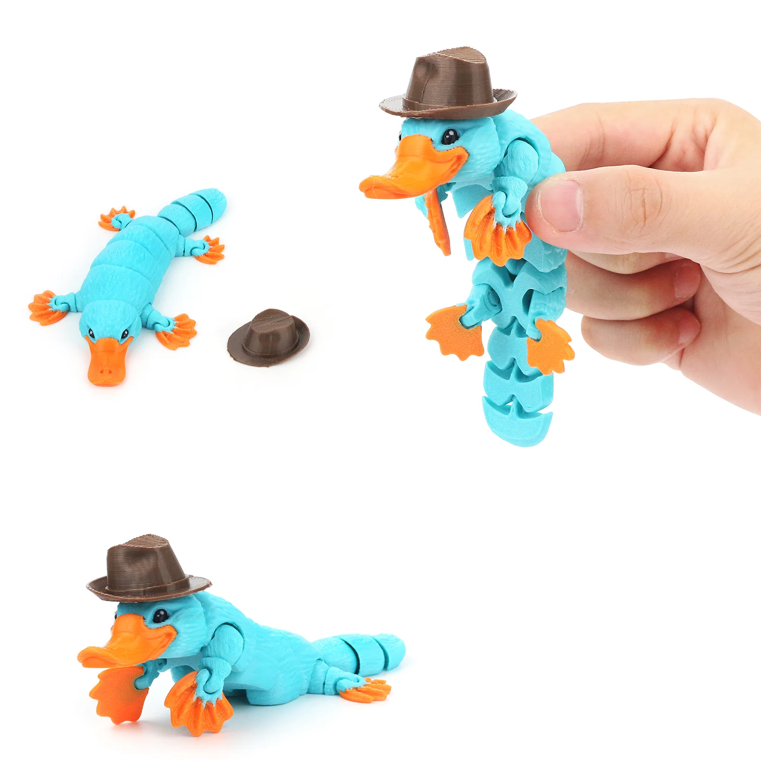 3D printed articulated platypus, stress relieving toy platypus, with movable limbs and a hat included