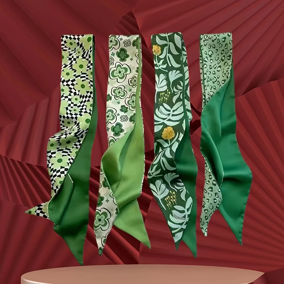 

Green Bohemian floral pattern long scarves, headscarves, Women's fashionable headbands, multifunctional Imitation Silk material scarves suitable for Women's decoration