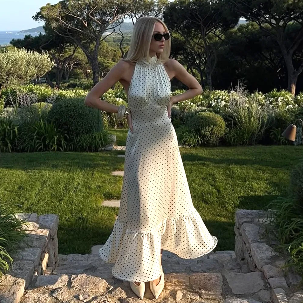 

Polka Dot Summer Dresses Women One Piece Satin Birthday Wedding Dresses Backless Ruffle Hem Vacation Beach Dress Women Clothing