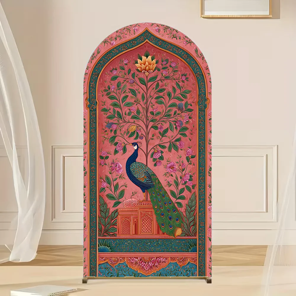 

Peacock Arch Cover Traditional Indian Wedding Photo Backdrop Polyester Double-Sided Peacock Arch Backdrop Pooja Background Decor