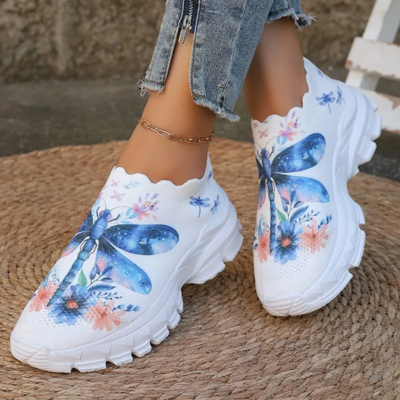 

2025 New Flower Breathable Knitted Flats Women Autumn Comfort Soft Sole Sneakers Woman Slip-On Flat Heels Platform Sport Shoes