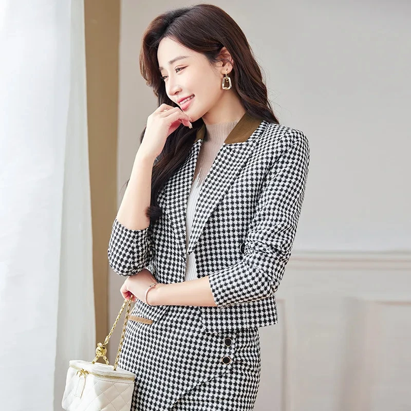 Office Plaid Outfits Blazer And Skirt For Women Green Black Double Breasted Fashion 2 Piece Set Business Elegant Lady Skirt Suit