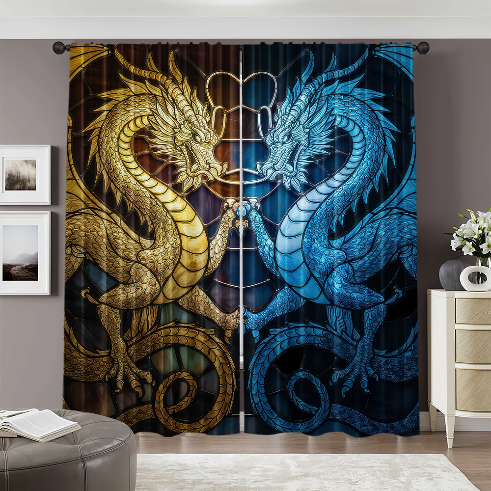 2pcs, 2D flat Curtains Dragon Print Protecting Privacy Festive Wall Decor Suitable for translucent polyester curtains Party