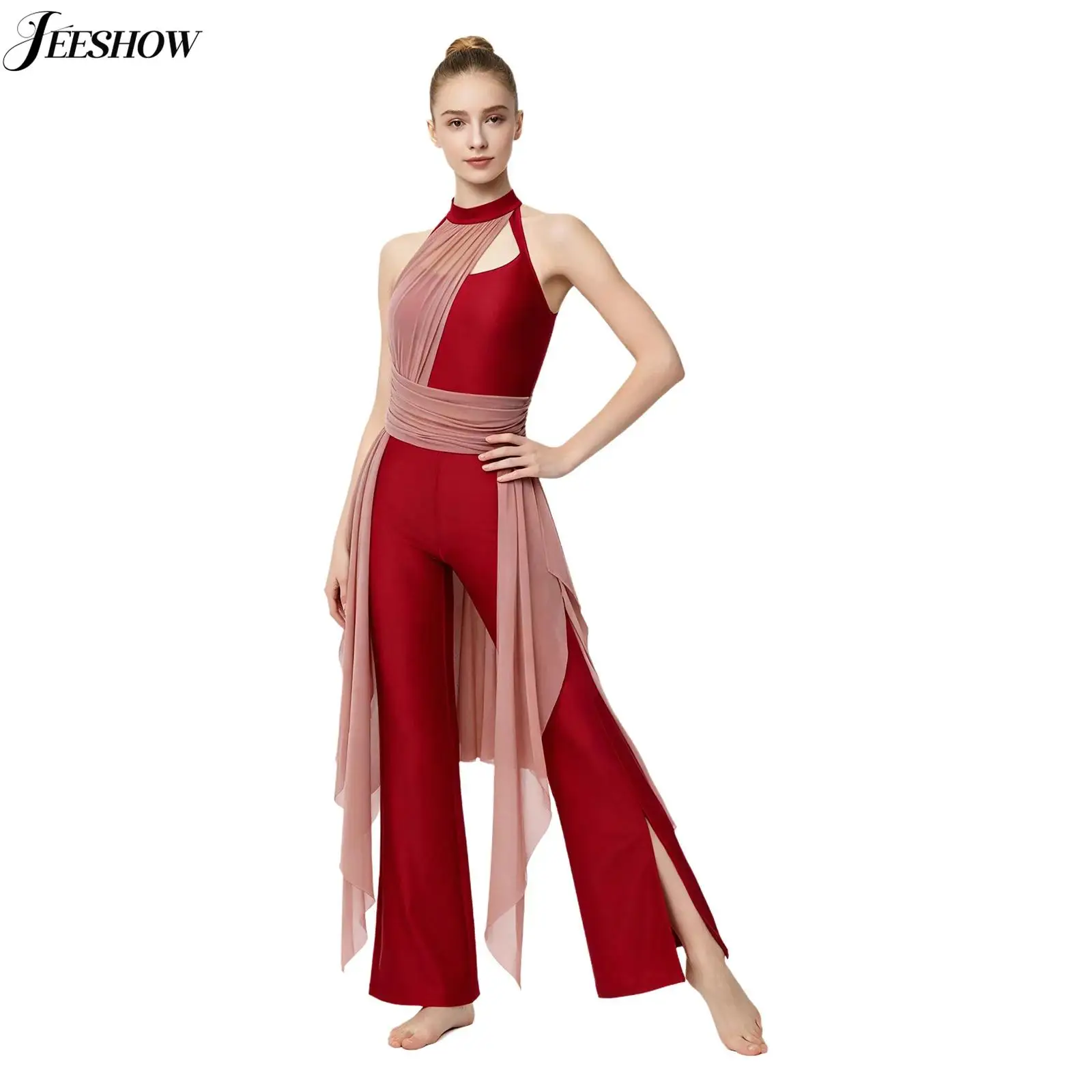 Womens Lyrical Dance Costume Mesh Ruched Draped Halter Neck Backless Wide Split Leg Jumpsuit Contrast Color Ballet Dancewear