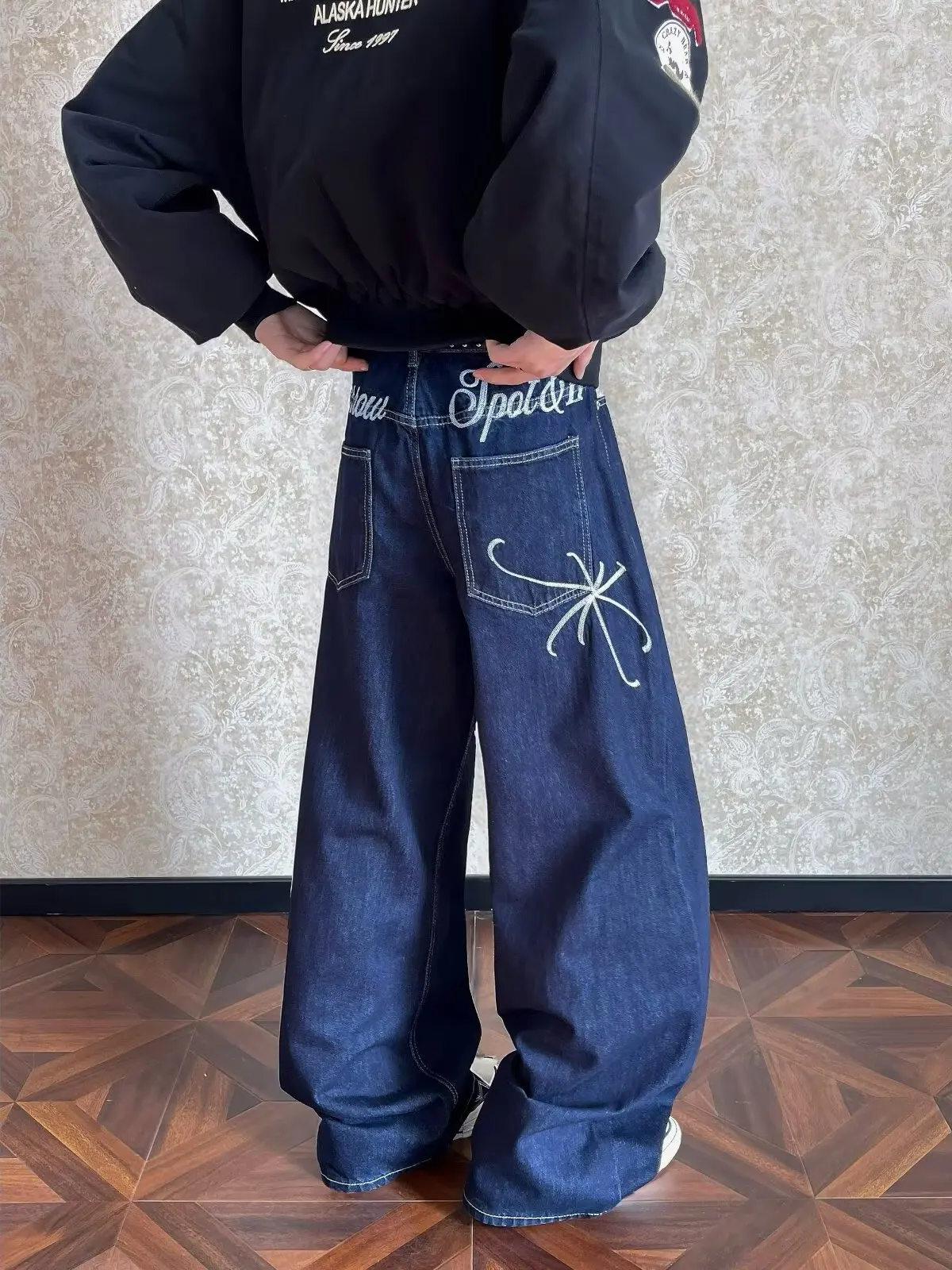 

American Retro Embroidered Jeans Men's High Street Cleanfit Straight Leg Trendy Wide Leg Pants Casual Loose Fit Jeans