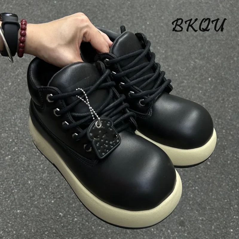 

BKQU Mountaineering Short Boots Casual Round Big Head Shoes Fashion 2024 Autumn New Trend Female Low-top Boots British Style