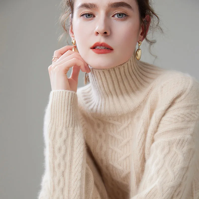 

2023 Hot Sale Autumn Winter New 100% Pure Cashmere Sweater Turtleneck Women's Thicken Warm Female Loose Large Size Knit Jumper