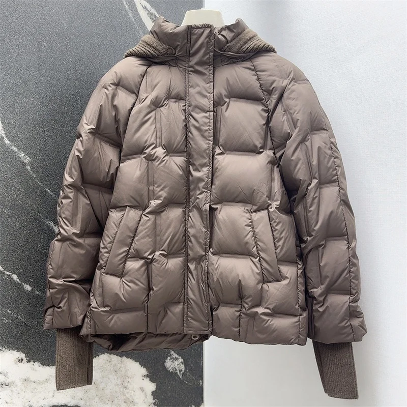 

Women's winter jacket New high-quality white duck down padded hooded down jacket for 2025 Elastic knit spliced warm thick jacket