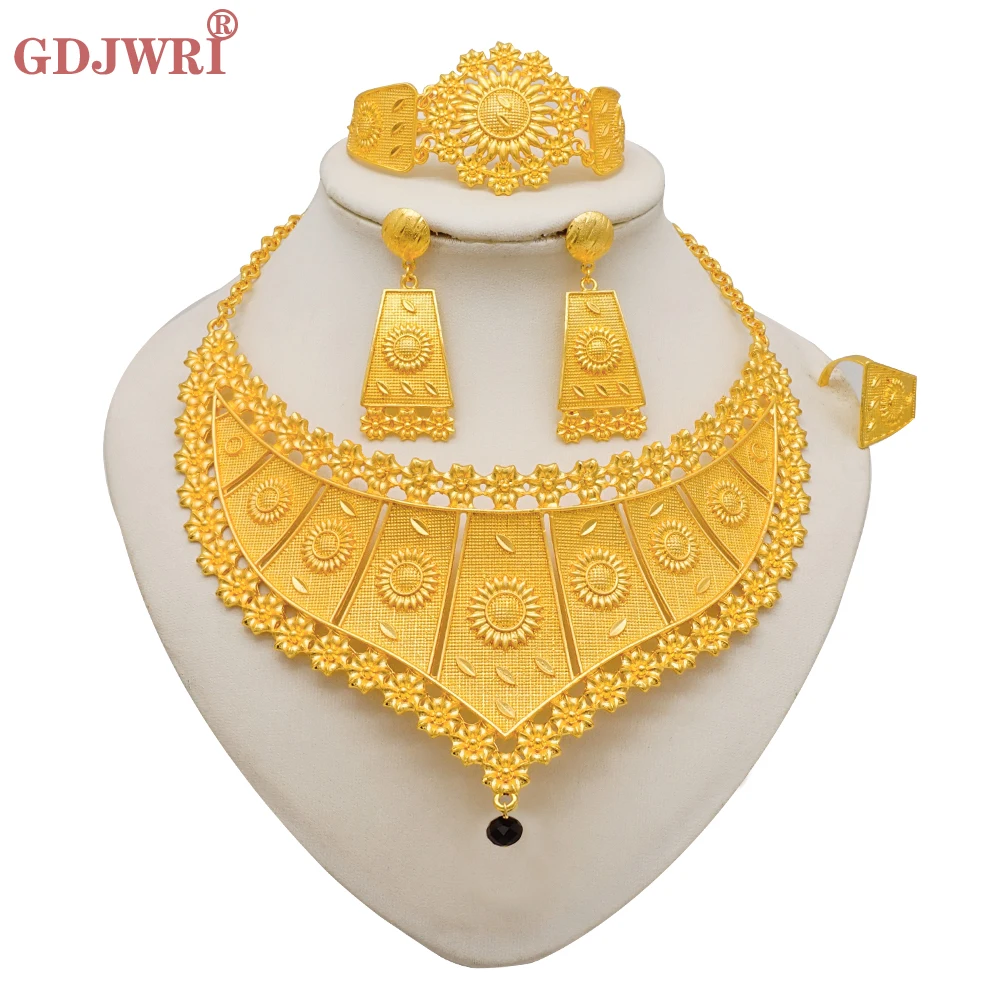 

France Gold Color Jewelry Set For Women Dubai Bridal Wedding Necklace Earrings Bracelet Ring Set African Gifts Party