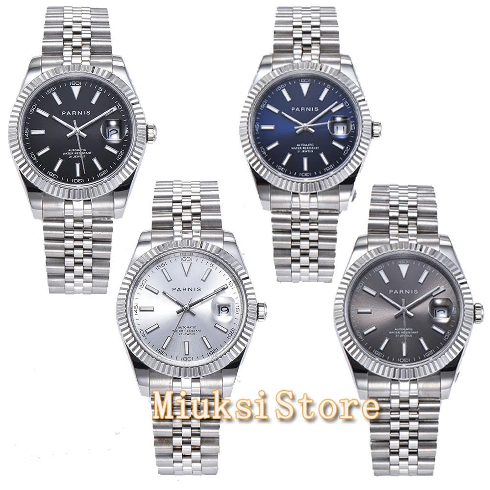 Parnis 39.5mm black silver Blue Dial Automatic Mens Watch Miyota 8215 Movement wristwatch date window