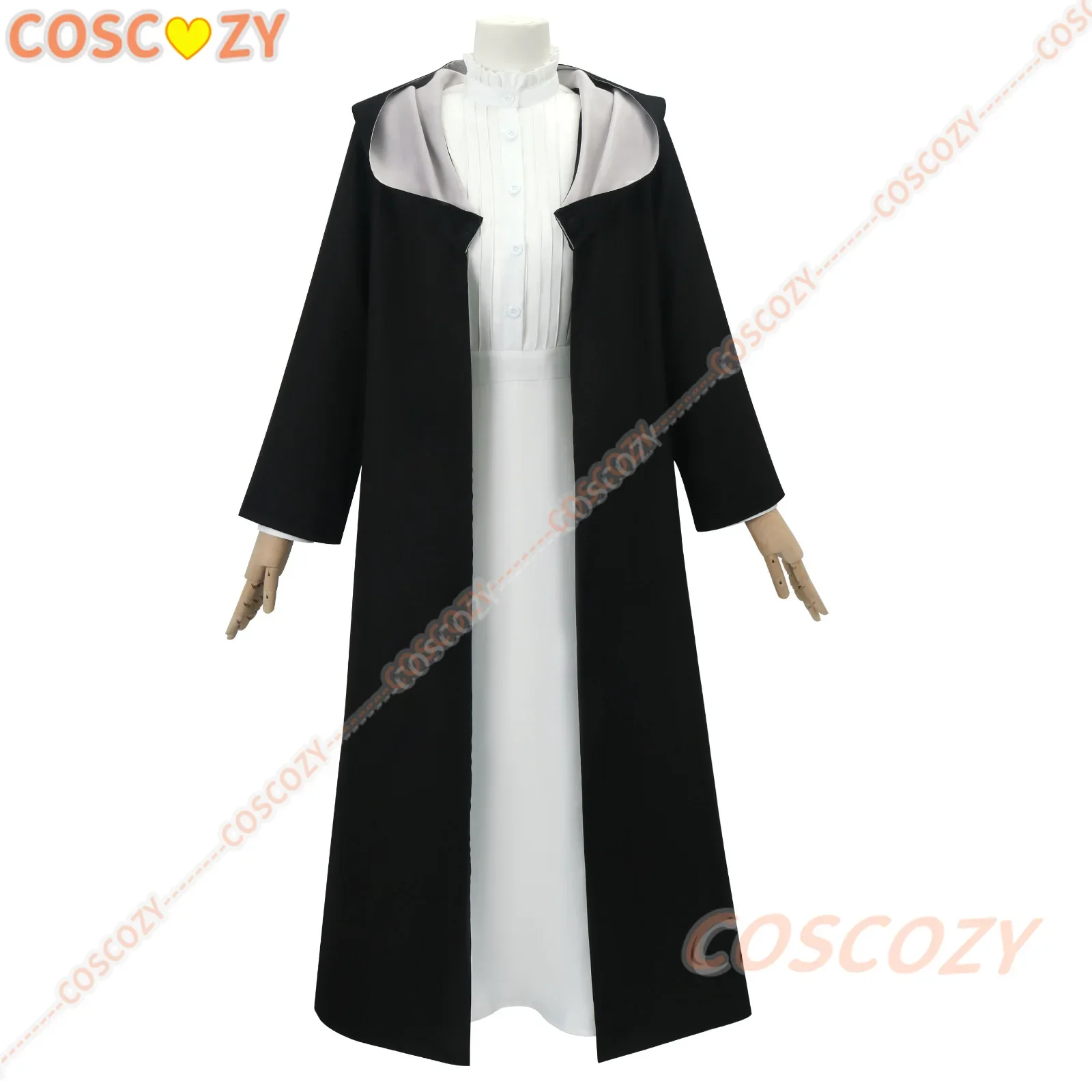 Anime Frieren: Beyond Journey's End Fern Cosplay Costume White Long Dress and Black Robe Purple Wig Headwear Halloween Suit