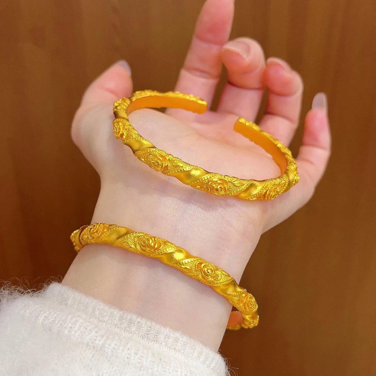

Luxurious 9999 ancient craftsmanship fully engraved rose bracelet for women, embossed rose plain ring opening, vintage bracelet
