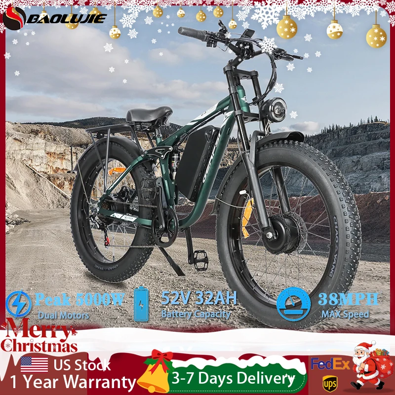 

BAOLUJIE Peak 5000W Electric Bikes for Adults，Electric Dirt E Bike，26 Inch Fat Tire Dual Motor Ebike Mountain Electric Bicycle