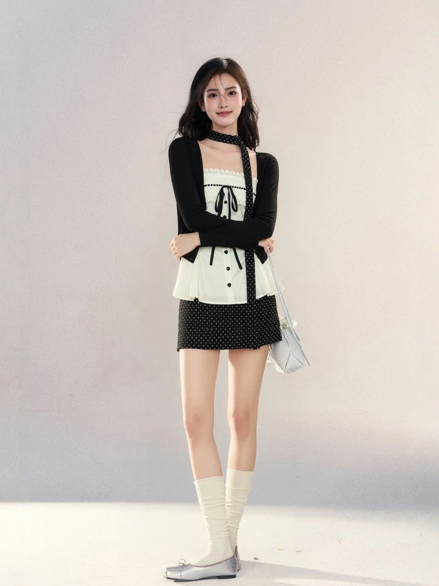 

LIXIAOWAN Knitted Cardigan with Lace Knot Short Polka Dot Skirt Two-Piece Set Spring Summer Casual Breathable Women...