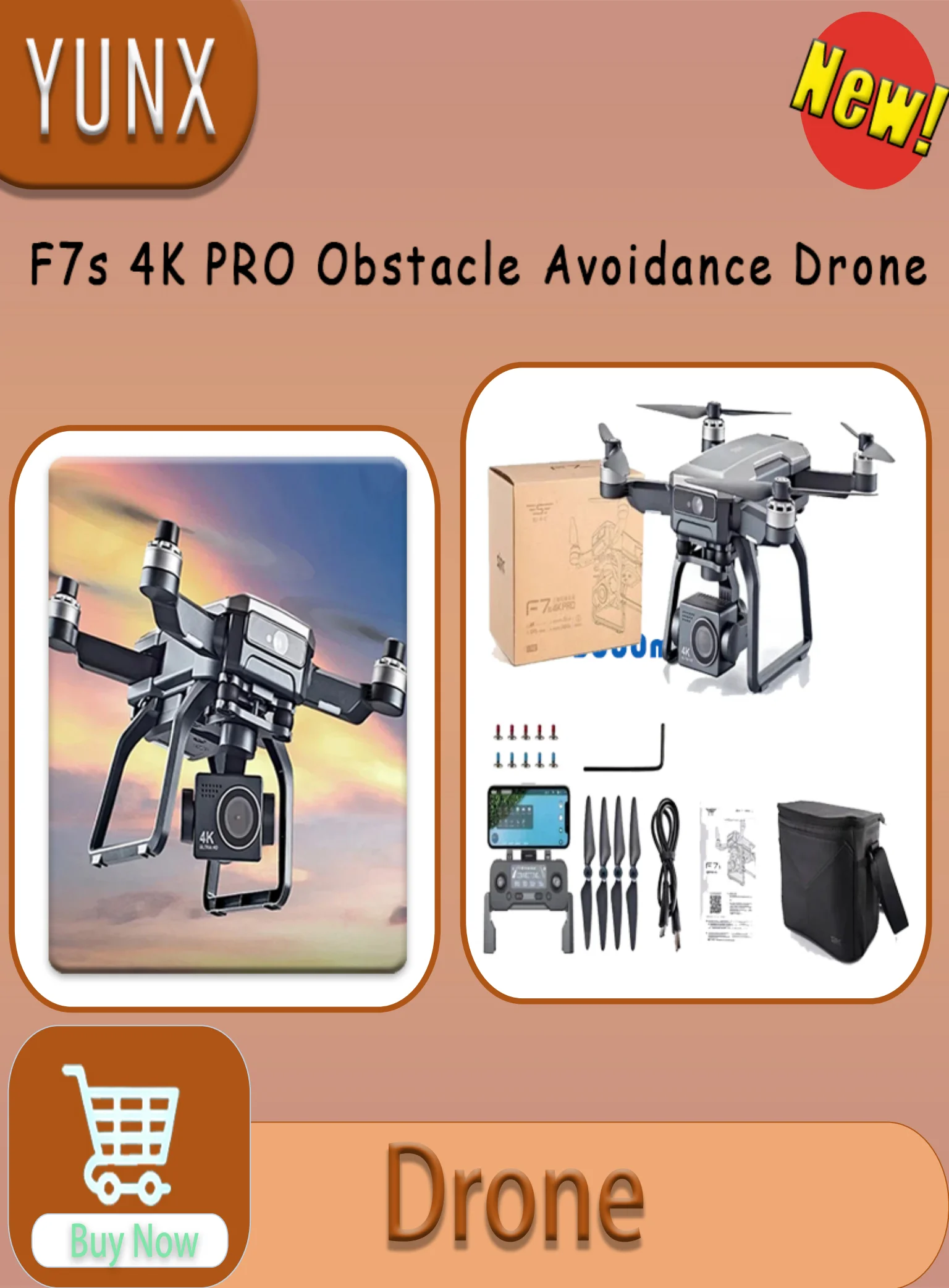 YUNX 4K Camera Drone for SJRC F7s PRO 3KM FPV 5G WiFi GPS 3-Axis Gimbal EIS Obstacle Avoidance RC Quadcopter