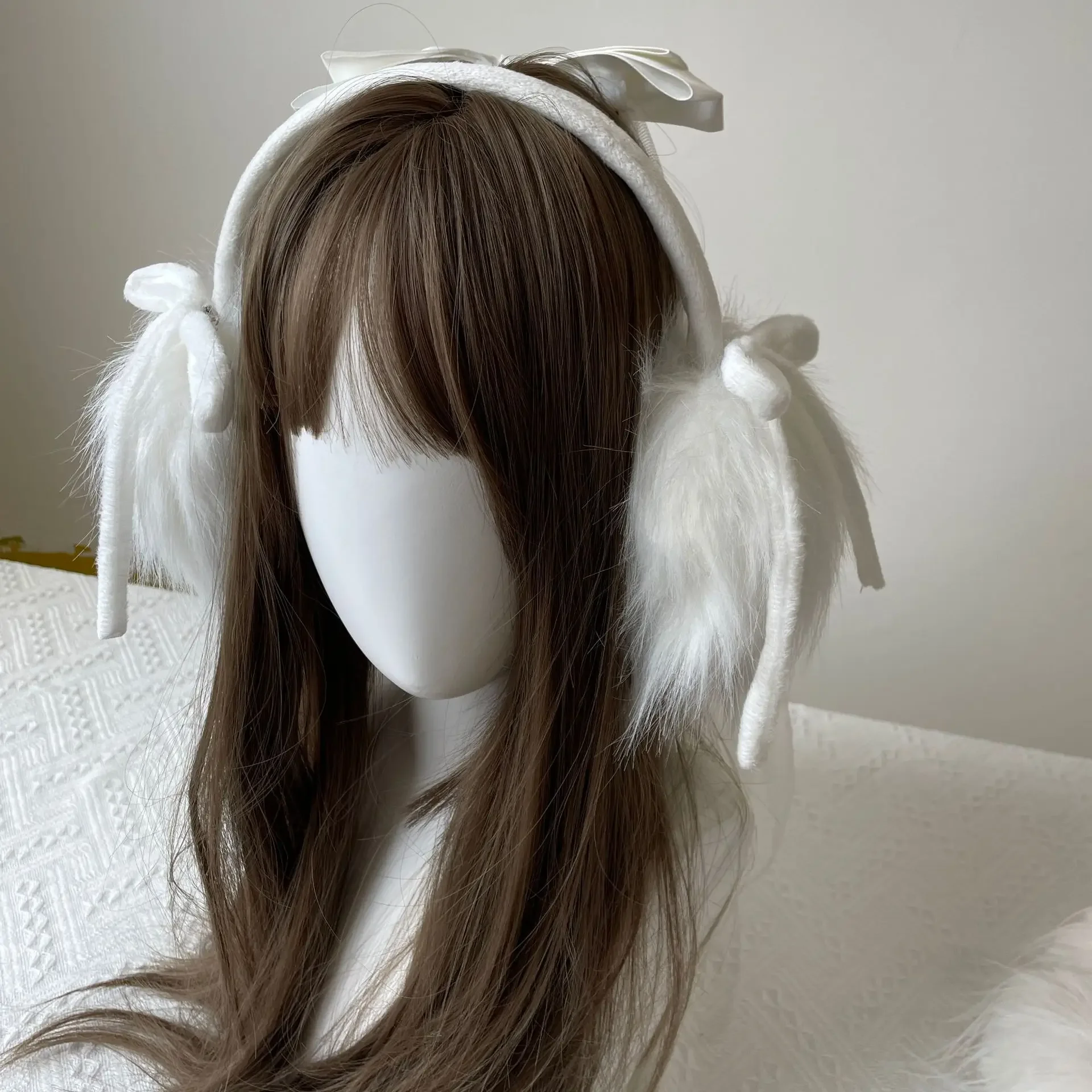 White Bow Tie Earmuffs Plush Rabbit Hair Fur Women Winter Warm Ear Protectors Riding Windproof Ear Wraps Japanese JK Accessories