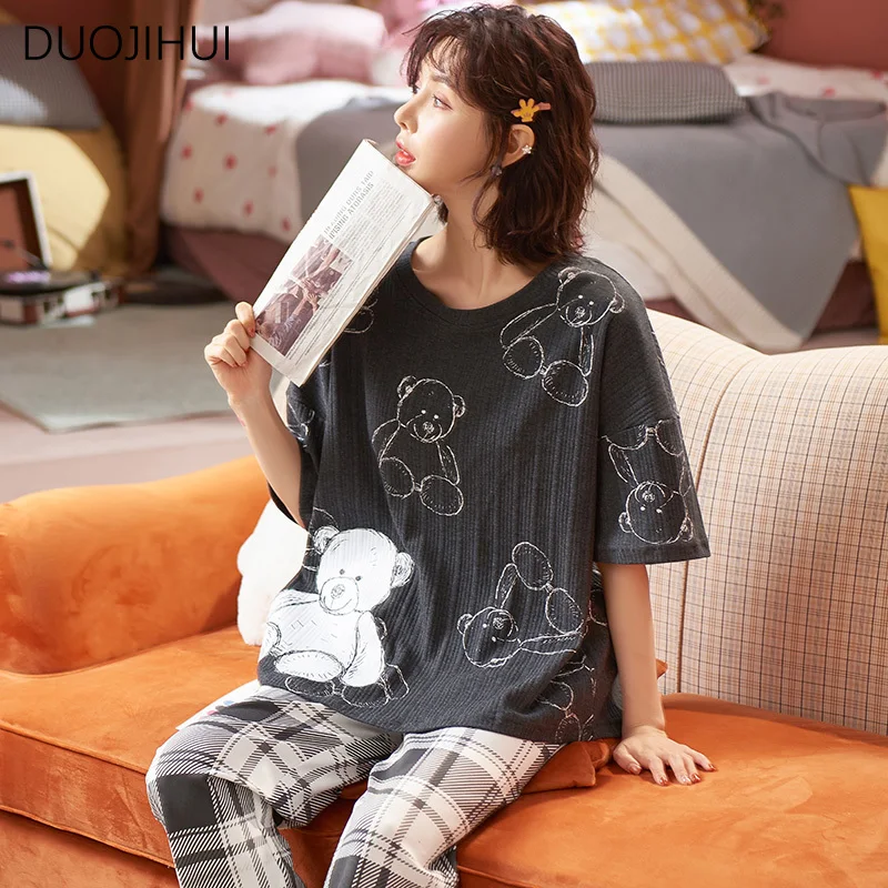 DUOJIHUI-Pyjama imprimé chicly coréen pour femme, pull à col rond classique, pantalon simple, mode féminine, ensemble de pyjama d'été, 2 pièces